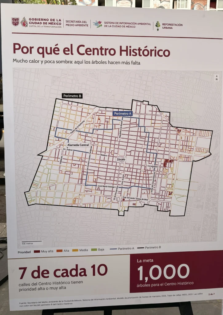 Mapa del Centro Histórico de la Ciudad de México que identifica las zonas con mayor prioridad para acciones de reforestación urbana y recuperación de áreas verdes.