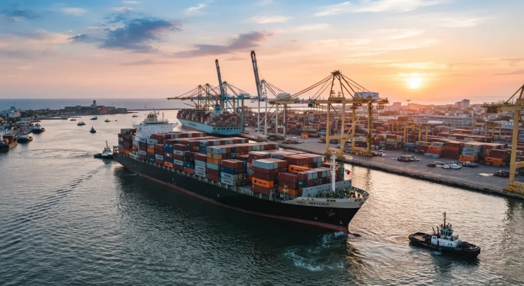Buque portacontenedores opera en un puerto mexicano, pieza clave del comercio marítimo y la logística portuaria nacional.