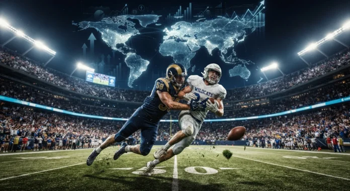 Jugadores de futbol americano disputan una jugada en un estadio lleno mientras un mapa mundial y gráficos financieros representan la expansión global de la NFL.