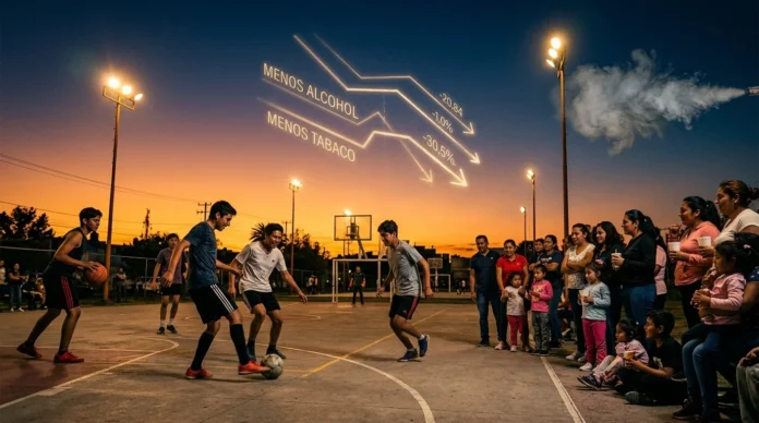 Jóvenes practican deporte en un espacio comunitario durante una actividad de prevención de adicciones de la campaña No Está Chido, impulsada por el Consejo de la Comunicación.