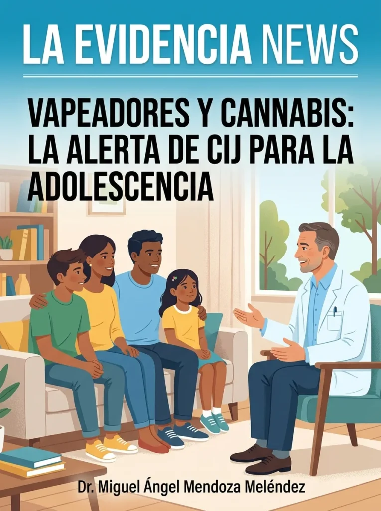 Ilustración de una familia recibiendo orientación profesional sobre prevención de adicciones, vapeadores y consumo de cannabis en adolescentes.