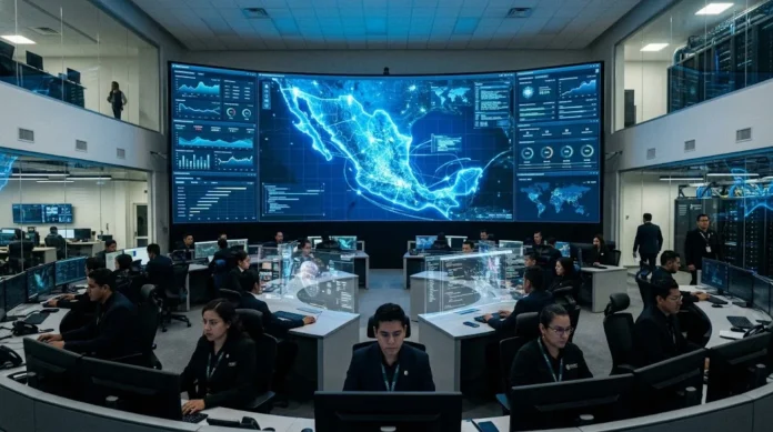 Centro de control digital con sistemas de inteligencia artificial utilizados para monitorear infraestructura tecnológica y servicios públicos en México.
