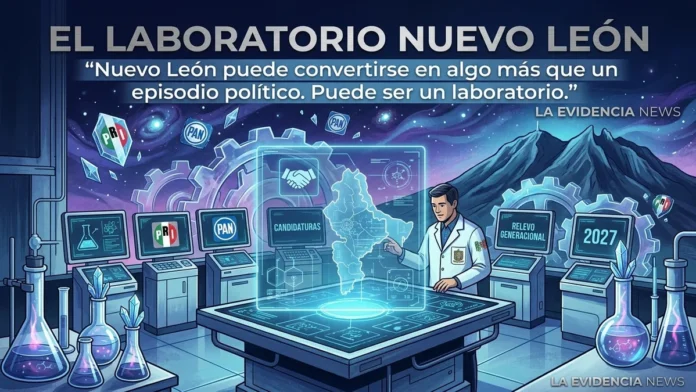 Ilustración conceptual del Laboratorio Nuevo León mostrando un laboratorio político futurista con el mapa de Nuevo León, referencias a PRI, PAN, candidaturas, relevo generacional y elecciones de 2027.