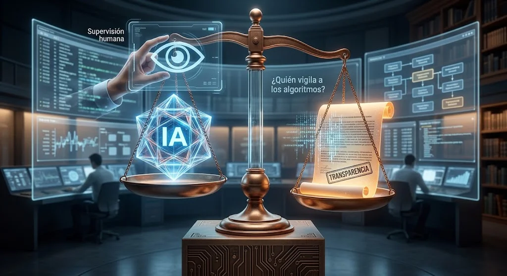 Balanza digital que representa el equilibrio entre inteligencia artificial, transparencia, supervisión humana y rendición de cuentas en sistemas gubernamentales.
