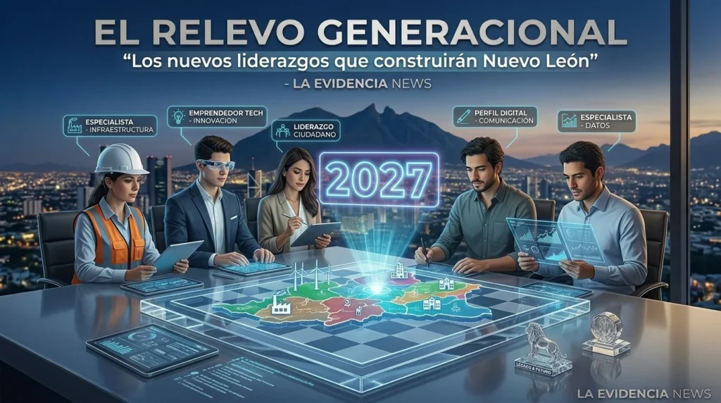 Ilustración editorial sobre el relevo generacional en Nuevo León con jóvenes especialistas, emprendedores, perfiles digitales y líderes ciudadanos diseñando proyectos rumbo a 2027.