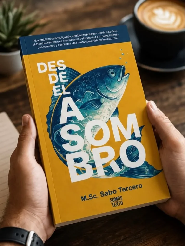 Ejemplar del libro Desde el asombro de Sabo Tercero sostenido por una persona durante una lectura.