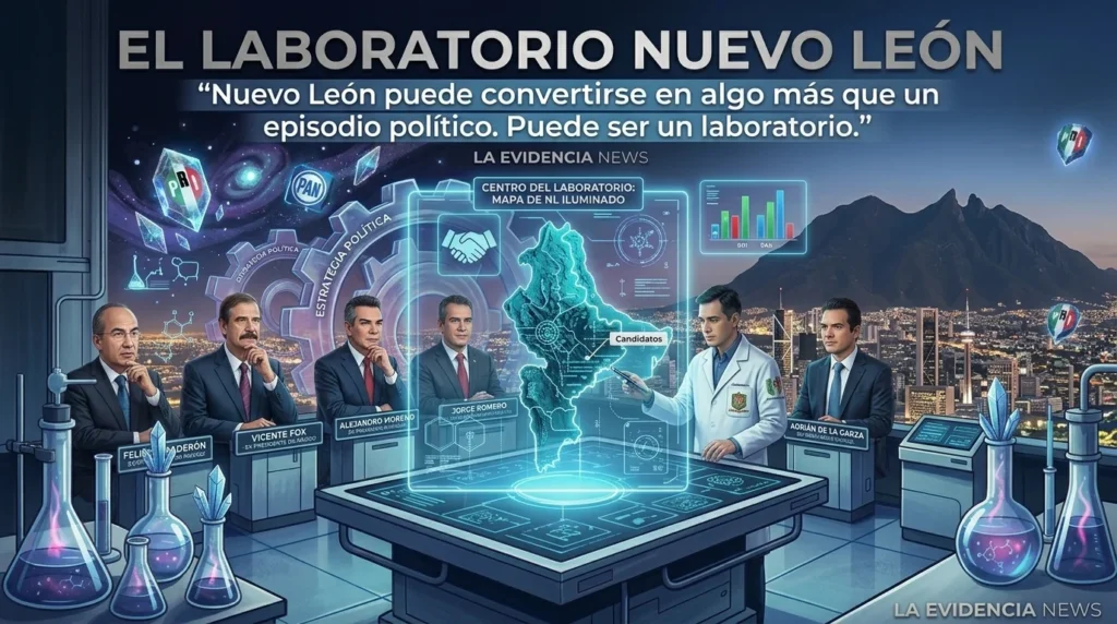 Fotomontaje editorial del Laboratorio Nuevo León con mapa iluminado del estado y figuras políticas vinculadas al análisis sobre la oposición mexicana rumbo a las elecciones de 2027.