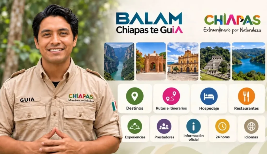 Panel informativo de Balam con servicios de destinos, hospedaje, gastronomía e itinerarios turísticos